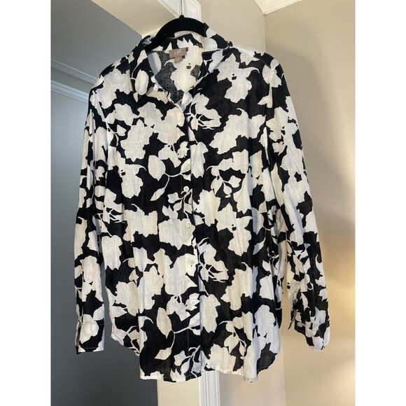 J. Jill Small Petite Floral Top Button Up Long Sleeve Black/White 100% Linen - Picture 1 of 7